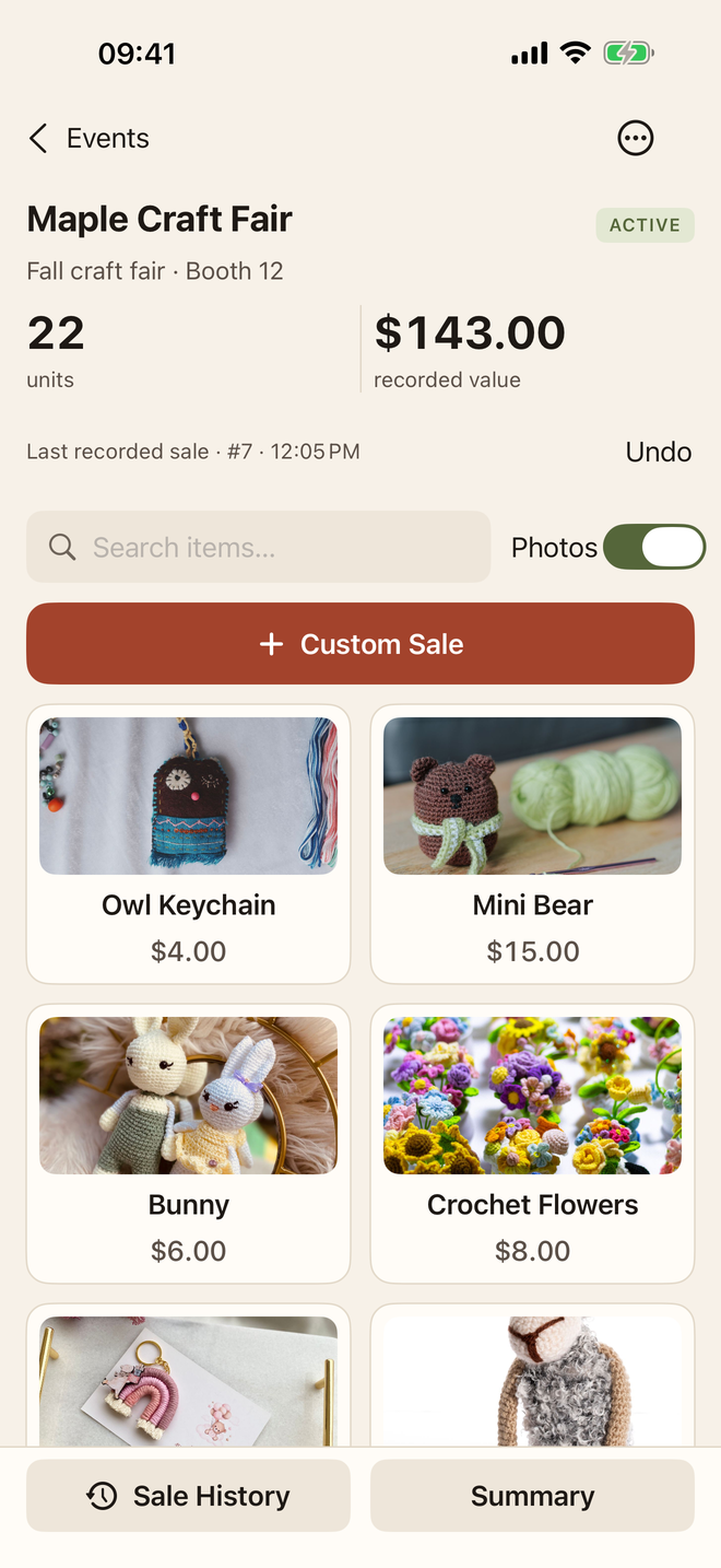 Actual BoothTap Selling screen for Maple Craft Fair, with 22 units and $143.00 recorded value.