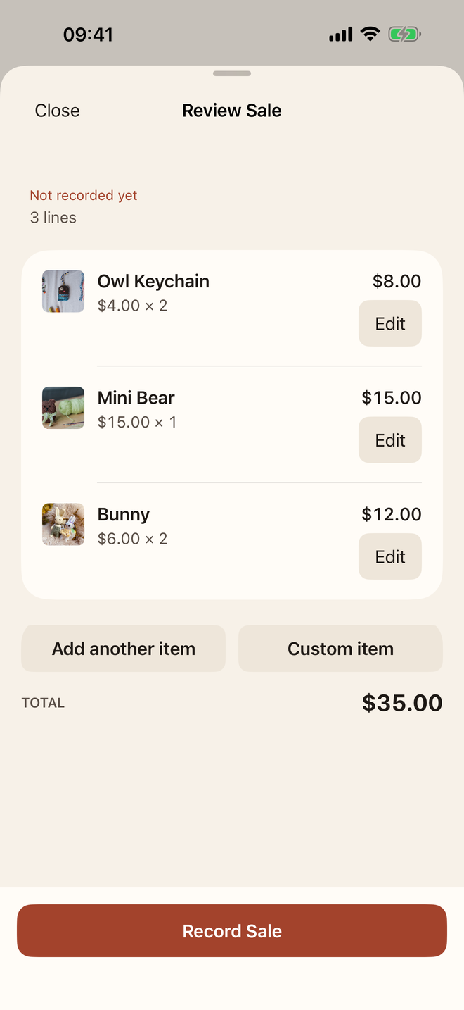 Review Sale screen with several items and a single Record Sale button.