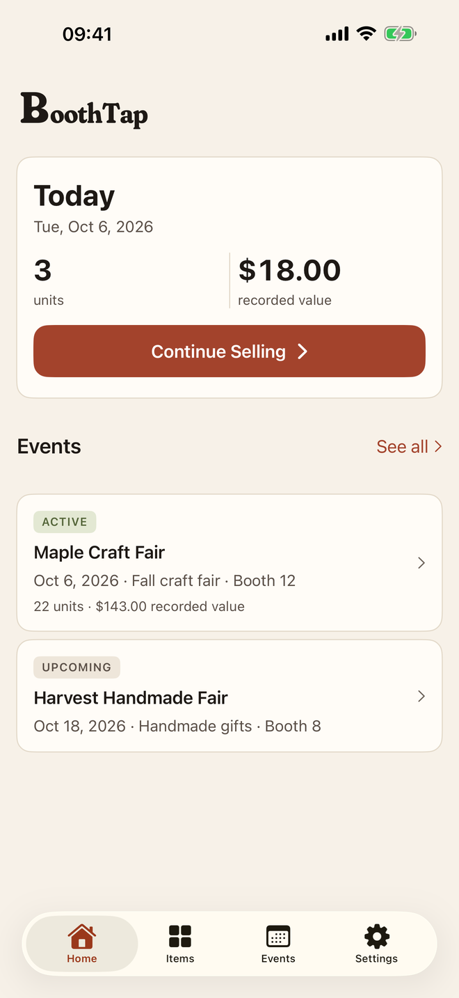BoothTap Home showing a Daily session and dedicated market events.