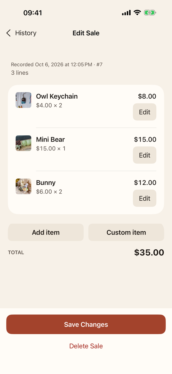 Edit Sale screen with quantities, prices and Save Changes.