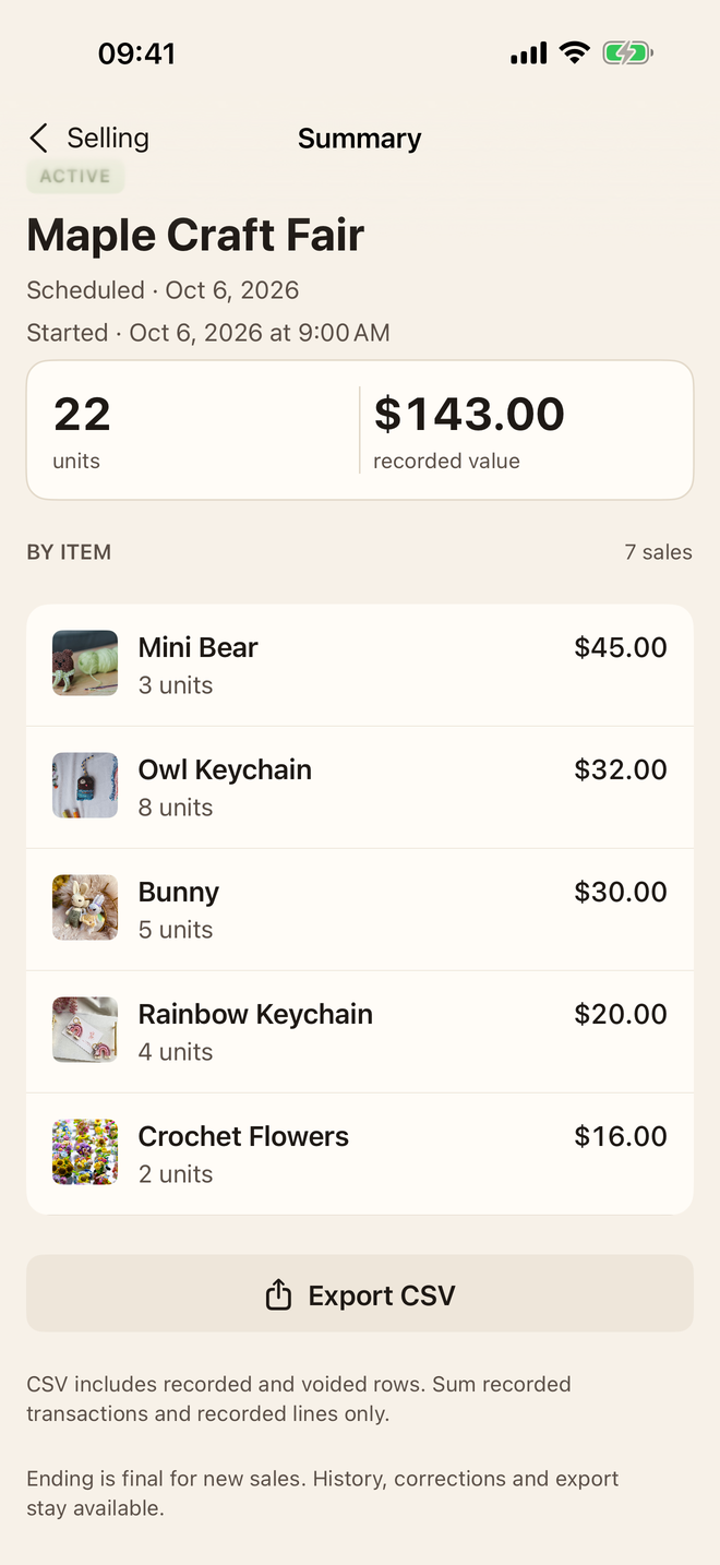 Actual BoothTap Summary showing units sold, recorded value by item and Export CSV.
