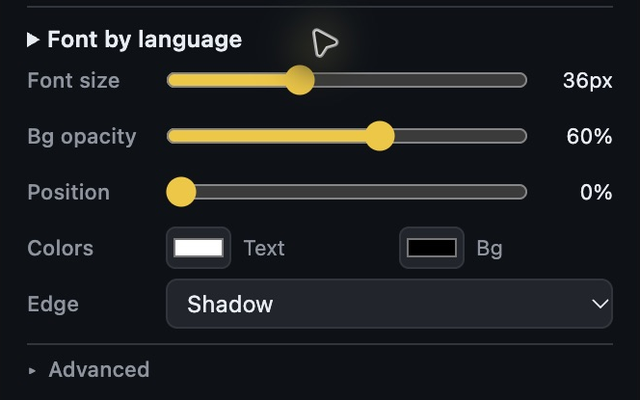 Real Typeglow controls showing 36px font size, 60% background opacity, position at 0%, text and background colors, and a Shadow edge.