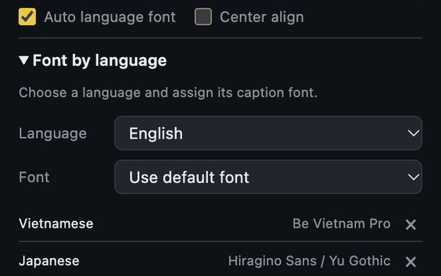 The Font by language controls with English selected, and Vietnamese Be Vietnam Pro and Japanese Hiragino Sans / Yu Gothic assignments.