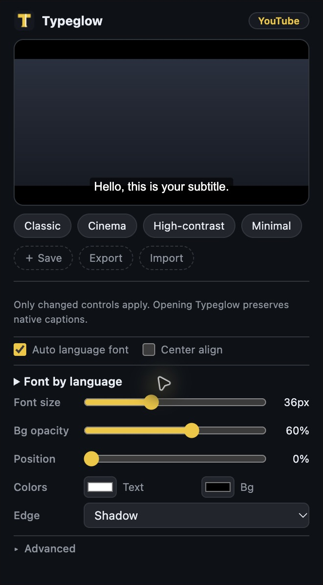 Typeglow's real Chrome popup: an English subtitle preview, four presets, font size, background opacity, position, colors and edge controls.